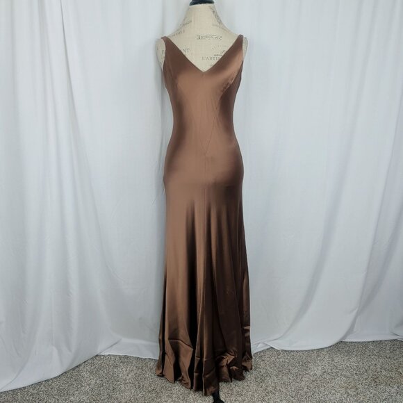 Vintage 90s Carmen Marc Valvo Bronze Formal Gown 4 Small V-Neck - Picture 10 of 10